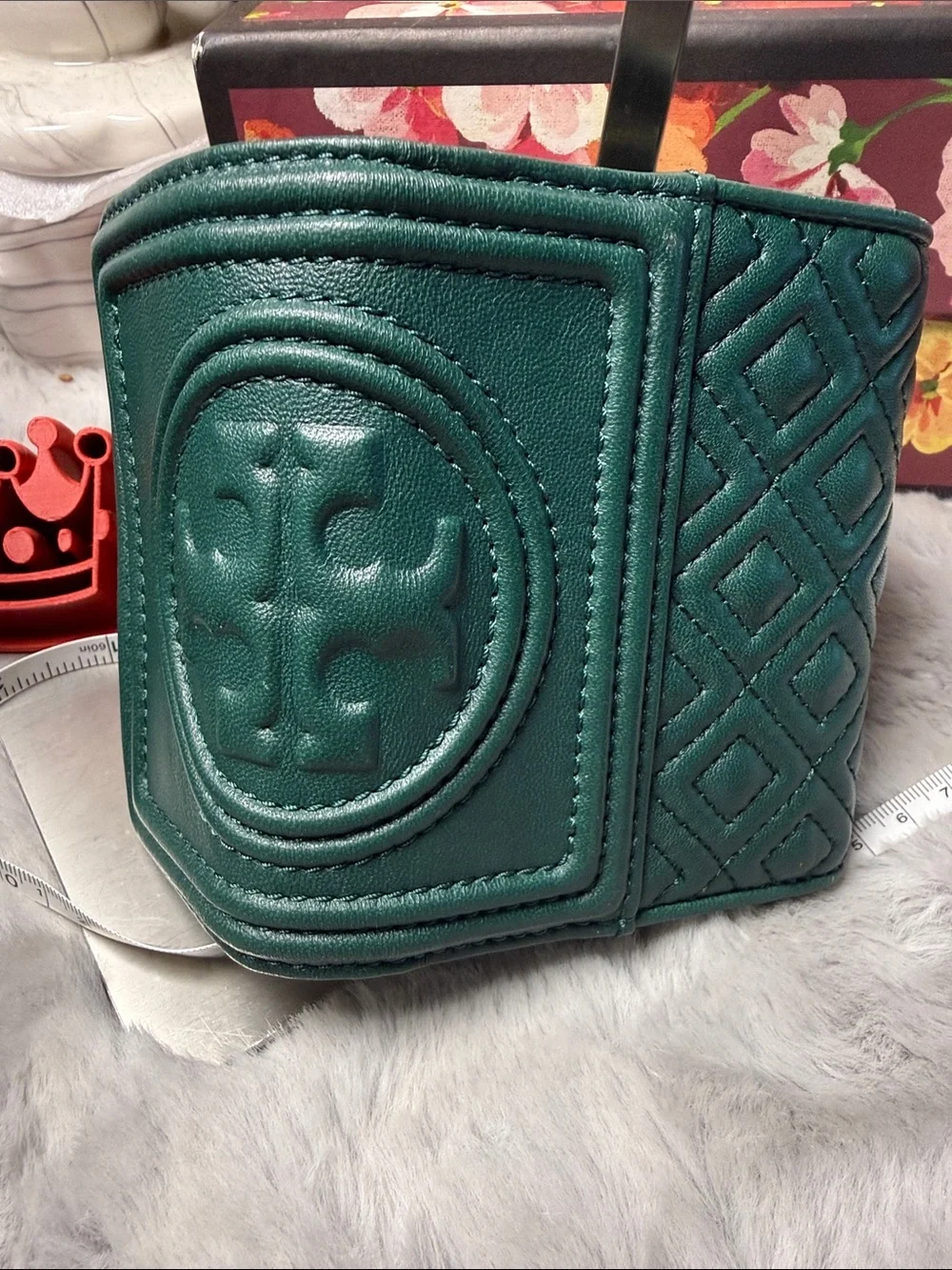 Tory Burch Emerald Green Quilted Leather Mini Wallet